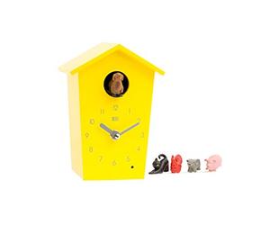KOOKOO AnimalHouse yellow, striking small cuckoo clock with 5 farm animals sounds, natural field recordings, modern sleek designed clock