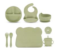 KooKoon Kids' Silicone Baby Weaning Set Includes: Divided Baby Plate with Suction, Sippy Cup with Straw, Suction Bowl, Adjustable Bib, Placemat, Weaning Fork & Kids Spoon (Green)