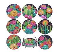 KookuLEE 8Pcs DIY 5D Diamond Painted Coasters with Cup Stand Rack,Acrylic Craft Diamond Art DIY Handmade Cartoon Cactus Flower Green Plant Coasters Living Room Bedroom Decorative Coasters Home Party