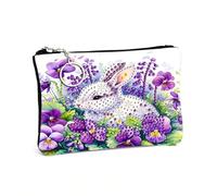 KookuLEE DIY Handmade Diamond Painted Kit,Cute Bunny Violet Flowers Mini Portable Card Holder, ulti-Card Slot Mini Wallet,Waterproof ID Card Coin Purse, Personalized Creative Handmade Gift