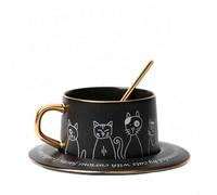 KOOLASA Ceramic Coffee Mug Sets Tea Cup with Spoon Saucer Cup and Saucer Sets 250ml Cats Black