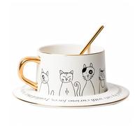 KOOLASA Ceramic Coffee Mug Sets Tea Cup with Spoon Saucer Cup and Saucer Sets 250ml Cats White