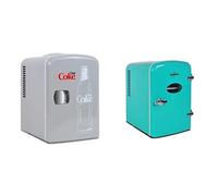 Koolatron Diet Coke Mini Fridge 4L Small Fridge 6 Can Table Top Mini Fridges 12V Portable Cooler Grey + Retro Mini Fridge 4L 6 Can Quiet Mini Fridges for Skincare Food Drinks Home Car & Travel Green