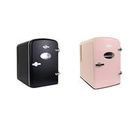 Koolatron Retro Mini Fridge 4L Small Fridge 6 Can Table Top Mini Fridges 12V Portable Cooler Black + Retro Mini Fridge 4L 6 Can Quiet Mini Fridges for Skincare Food Drinks Home Car & Travel Pink