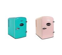 Koolatron Retro Mini Fridge 4L Small Fridge 6 Can Table Top Mini Fridges 12V Portable Cooler Green + Retro Mini Fridge 4L 6 Can Quiet Mini Fridges for Skincare Food Drinks Home Car & Travel Pink