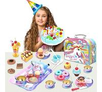 Koolbitz 115Pcs Colorful Tin Tea Party Set Including Metal Teapot, Saucers, Cups and Plates with Birthday Cake Toy & Candle with Light Music Unicorn Theme Washable Dishes For Children