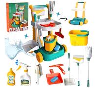 Koolbitz 11PC Kids Cleaning Set Toy - Complete Pretend Play Housekeeping Brush Set with Broom, Dustpan, Mop With Rolling Trolley - Encourage Responsibility and Imaginative Role Play for Little Helpers