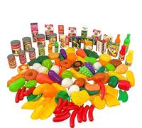 Koolbitz 120 Pcs Kids Play Food Set Children Pretend Play Set with Fruits, Vegetables and Juice Ketchup Complete Range of Food Item and Canned Drink Kitchen Toy Accessories for Boys Girls Gift