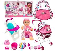 koolbitz 14 in 1 Doll Accessories for 3+ Year Old Girls Pretend Play Stroller & Food Chair Push Chair Carriage Food Chair Nourishing Bottle, Pacifier Doll Set for Toddlers and Kids