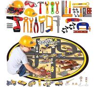koolbitz 2-in-1 Kids Construction Tool Set and Construction Themed Play Mat with Cars, City Signs - Imaginative Educational Playset City Planning Pretend Play Set Gift for Kids 3+