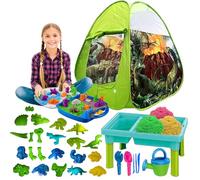 koolbitz 24 Pcs Sand Art Kit with Dinosaur Themed Foldable Tent, 1 kg Playsand for Kids with Table, Dinosaur Moulds and Egg Sandtools and Watering Can, Construction Toys for 3 Year olds Toys
