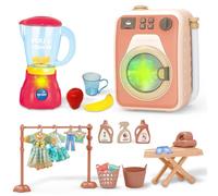 Koolbitz 24PCS Kids Laundry & Juicer Pretend Play Toy Set - Washing Machine with Real Spinning Action & Red Juicer with Lights & Sound, Ideal for Kids Aged 3+ - Interactive Role Play Learning Toy Set