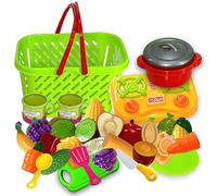 Koolbitz 31 PCs Play Food Set for Children with Shopping Basket, Pretend Play Cooking Set, Role-Play Food Cutting Toy with Fruit & Veggies for Kitchen Accessories Gift for Children Ages 3+