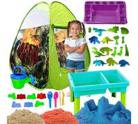 koolbitz 34PCS Magic Play Sand for Kids with Foldable Tent, Sand Table, Tray, 3 Colour Sands, 7 Castle Moulds, 16 Dino Moulds and Tools - Mess-Free Indoor Outdoor Sensory Toy for Kids Ages 3+ Years