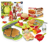 Koolbitz 42 PCs Play Food Set for Children, Pretend Play Waffle Maker & Take Apart Hamburger Toy with Serving Tray, Educational Role Play Fast Food Restaurant Playset Gift for Kids 3+ Years