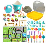 koolbitz 49PCS 2-in-1 Magic Pay Sand Art and Play Mat Set with Cars, Bucket, Water Can, Sand Tools and 16 Moulds - Portable Carry Case - Indoor Outdoor Construction Sensory Toy for Kids Ages 3+ Years