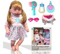koolbitz Baby Doll Care Accessories & Realistic Baby Sounds, Movable Head Removable Clothes, Hair Dryer, Baby Bottle, Perfume, Glasses, and Bag Pretend Role Play Toy for Toddlers