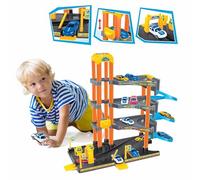 Koolbitz Kids 4 Storey Car Parking Lot and Garage Fun Play set Toy with Spiral Ramps, Car Lift, Fuel Pumps, and 4 Cars, Parking Garage Pretend Play Toy for Kids