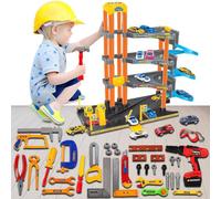 Koolbitz Kids 4 Storey Car Parking Lot with 37pcs Toolsets Parking Garage Pretend Play Toy for Children Fun Play Ramps Car Lift and Cars for Boy & Girls Indoor Floor Game Toy