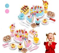 Koolbitz Kids Birthday Cake Toy, 75 PCs DIY Pretend Play Cake Decoration Accessorises with Musical Light Up Candle & Desserts Party Playset, Play Food Cutting Gift for Children 3+ Year - Blue