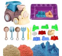Koolbitz Magic Play Sand, 22PCS Train Beach Sand Toy Set with 3 Sands and Play Tray Indoor and Outdoor Castle Moulds, Tools and Colourful Sands - Non-Sticky Magic Sand for Boys and Girls Ages 3+ Years