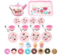 KoolBitz Tea Party Set For Toddlers, Tin Tea Set Pretend Play Kitchen Party Set for Children With Teapot & Dishwasher & Safe Cups Dessert Cupcake Muffins Donuts For Kids Ideal Role Play Gift Age 3+