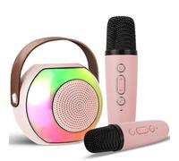 Koolcover karaoke machine, Bluetooth Speaker with 2 Wireless Microphones, Birthday Gifts for Age 3-15 Years Old Girls Gifts, Portable Speaker with Voice Changing Effects & LED Lights, Pink