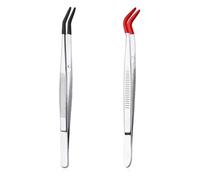 Koolenry 2pcs Bent Tweezers with Rubber Tips, Curved Flat Tip Tweezer Stainless Steel Angled Grip Gem Stamp Sticker