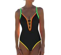 Koolenry Women Swimsuit Tummy Control Deep V Neck Neon Cute Bathing Suit Back Tie Swim Suits 2025 Summer Black XL