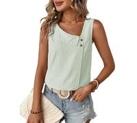 Koolenry Women's Button Asymmetrical V Neck Striped Print Blouses Casual Sleeveless Tank Top Summer Shirt Tops Light Green S