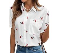 Koolenry Women's Cherry Print Short Sleeve Blouse Collar Button Down Textured Casual Shirts White L