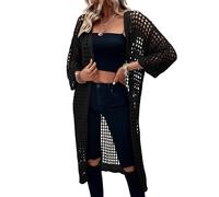 Koolenry Women's Hollow Out 3/4 Sleeve Open Front Knit Cardigan Long Sweater Tops Black