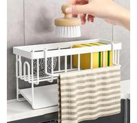 Koolkasa Kitchen Sink Organiser, Sponge Holder, Kitchen Sink Organiser with Removable Dish Cloth Holder, Metal Sink Organiser with Automatic Drain Pan, Can Be Hung on the Wall (White)