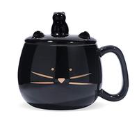 Koolkatkoo Cute Cat Coffee Mug with Cell Phone Holder Lid for Cat Lover Unique Ceramic Tea Mugs with Gold Cat Porcelain Cup Gift for Women Black