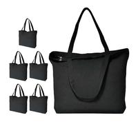 Koolmox Black Canvas Tote Bag with Zipper, 6-Pack 17x14x3.9'' 12Oz Thick Canvas Bag with Handles and Flat Bottom, Women Men Grocery Shopping Bag Canvas Cotton Totes Sublimation Bags to Customize