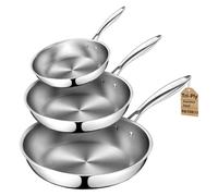 KoolShiro 3PCS Stainless Steel Frying Pan, Frying Pan for Searing & Sauteing, 3 Ply Stainless Steel Cookware for Durability & Even Heating, Compatible with All Cooktops Up to 600℉