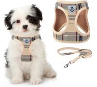 KOOLTAIL Dog Harness medium, Anti Pull Dog Harness and Lead Set, Step in Soft Mesh Padded Adjustable & Reflective Pet Vest Harnesses, Escape Proof Harnesses for Training & Walking,Beige Plaid M