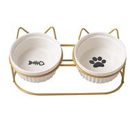 Koomiao Elevated Cat Bowls Double Bowl for Cat Breakfast Ceramic (2 x 400 ml), 15° Tilting Animals for Food/Water (White - Gold)