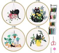 Koomon 4 Set Embroidery Starter Kits for Adults with Cat Animal Patterns and Instructions, Beginner Stamped Cross Stitch Kits with Embroidery Cloth, Bamboo Hoop, Color Threads, Needles and Scissors