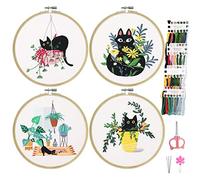 Koomon 4 Set Embroidery Starter Kits for Adults with Cat Animal Patterns and Instructions, Beginner Stamped Cross Stitch Kits with Embroidery Cloth, Bamboo Hoop, Needles and Scissors,UK-E-4ZHIC