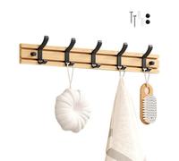 Koomuao Jumuao Bamboo Wall Mounted Coat Rack, 4 Hooks for Hanging Clothes, Bathrobes, Towels, Coats Wall Hook for Entryway, Bedroom, Bathroom (Black-5 Hooks)
