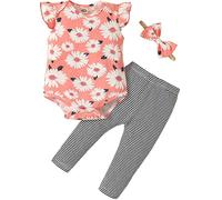 Koonde Baby Girl Clothes 3-piece Baby Girl Outfits Cotton Romper, Trouser & Headband for Infant Newborn to 24 Months (Peach + Blue, 6-12M, N004)