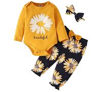 Koonde Baby Girls Pretty 3-piece Outfits (Romper, Trouser & Headband) set for Newborn to 24 Months (Yellow+Navy, 0-3M, 4004)