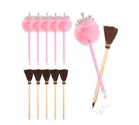 Koongso 12 Pcs Magic Witch and Wizard Party Favors Writing Supplies - 6 Witch Broom Stick Pens & 6 Pink Fluffy Pom Pom Pens School Rewards Goody Bag Fillers