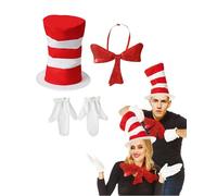 Koongso Adult Cat In Hat Costume, Dr.Seuss Cat Red and White Striped Hat with Gloves Sequin Bow Tie World Book Day Accessories Christmas Birthday Party Stage Props