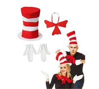 Koongso Adult Cat In Hat Costume, Dr.Seuss Cat Red and White Striped Hat with Gloves Sequin Bow Tie World Book Day Accessories Christmas Birthday Party Stage Props