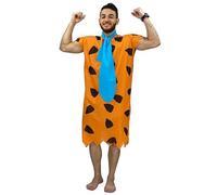 Koongso Adult Caveman Fred Costume Men’s Prehistoric Stone Age Orange Printed Tunic Halloween Role Play Fancy Dress Up Carnival Birthday Family Party Outfits