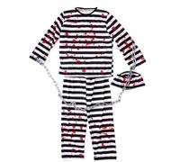 Koongso Adult Prisoner Costume Men Women Bloody Prison Stripe Uniform with Hat Chain Convict Halloween Cosplay Dress Up, S-L