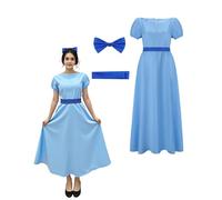 Koongso Adult Wendy Costume, Women Girl Role Play Wendy Darling Blue Maxi Dress with Bow Headpiece Halloween Birthday Party Fancy Dress