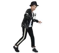 Koongso Kids Dance Star Michael Costume, Boys Girls Pop King MJ Dress Up - Black Sequins Jacket, Pants, Hat, Glitter Gloves, Childs 80s 90s Dance Stage Halloween Outfits